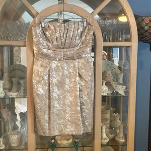 Max & Cleo champagne strapless dress, horizontal pleating at waist. Knee length.